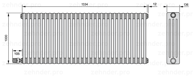Схема (чертеж) Радиатор Zehnder Charleston 4100/29 №V004 Белый глянцевый RAL 9016